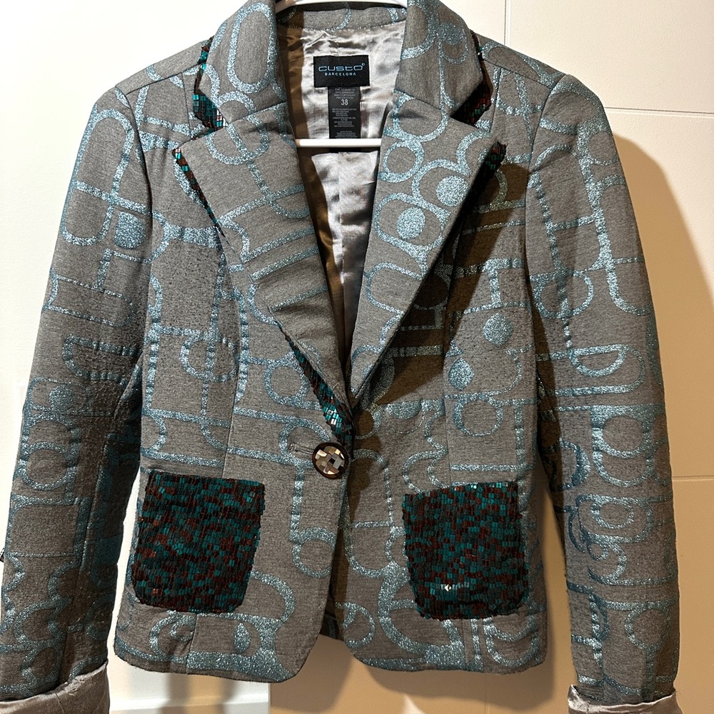 Custo Barcelona Gray and Teal Patterned Blazer